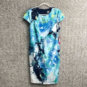 Vince Camuto Dress Women’s 12 Blue & White Floral Short Cap Sleeve Sheath NWT